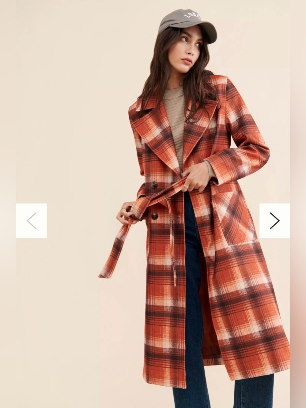 NVLT Anthropologie Burnt Orange Plaid Long Belted Trench Coat